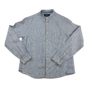M&S Collection Men’s Linen Striped Chambray  Mock Collar Shirt Size S